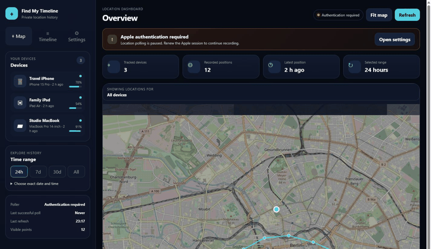 Find My Timeline dashboard with route map