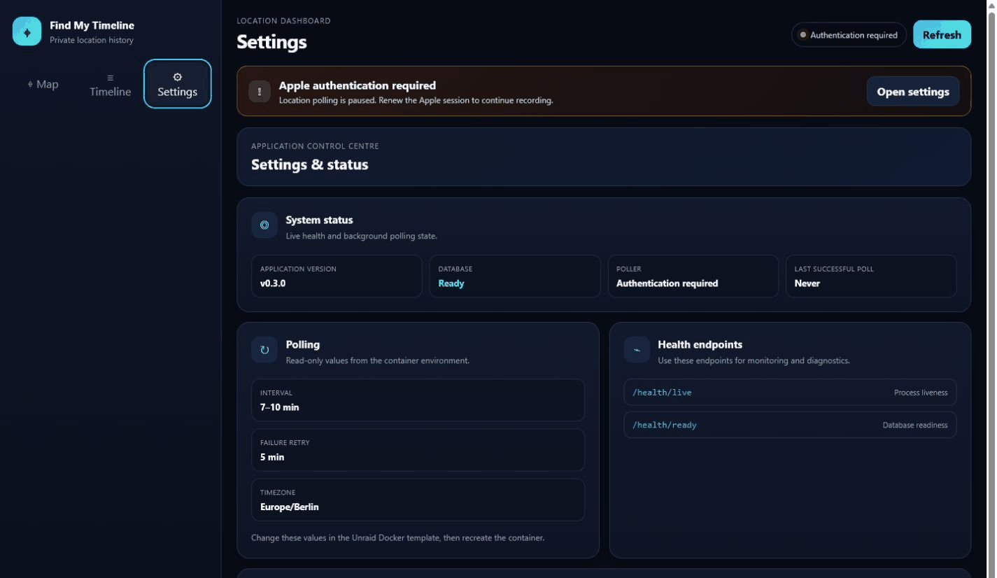 Find My Timeline settings and system status