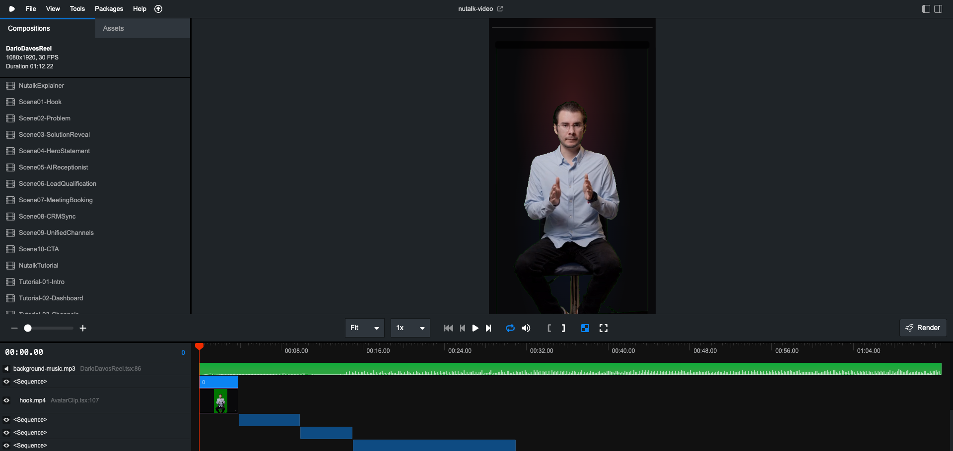 Remotion Studio editing the viral Dario Davos Instagram reel
