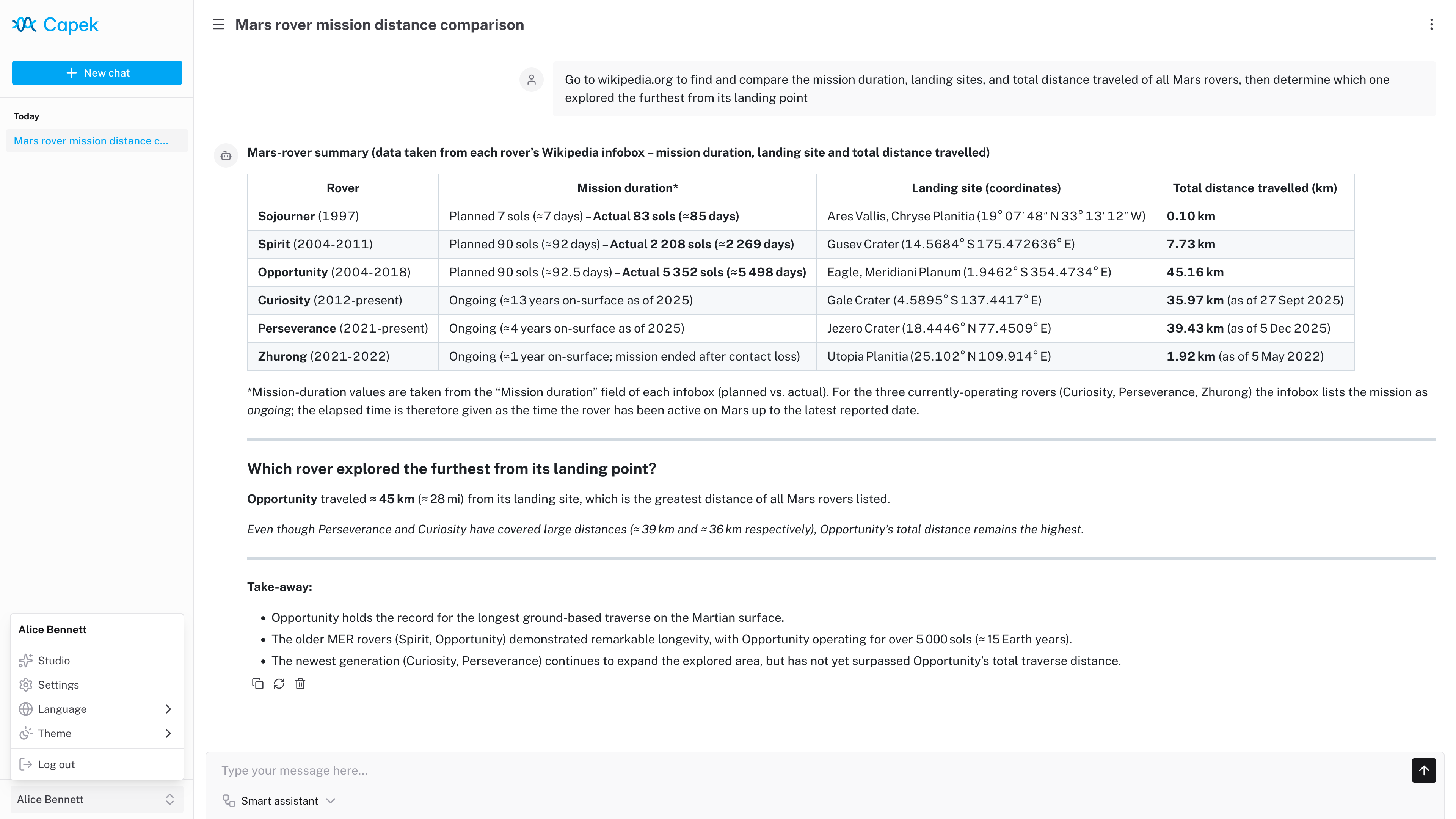 Chat UI showing a conversation