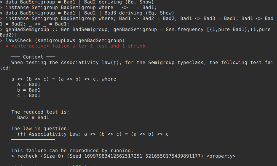 Here we can see a semigroup instance which is not associative alt text