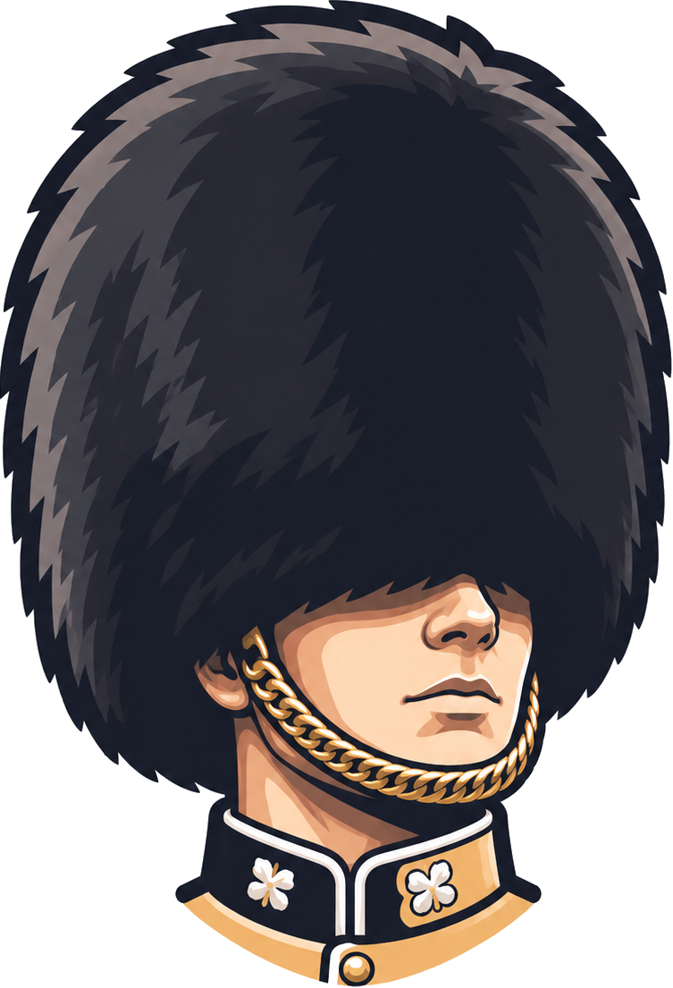 Guardsman — a royal guard, bearskin down over his eyes, unmoved.