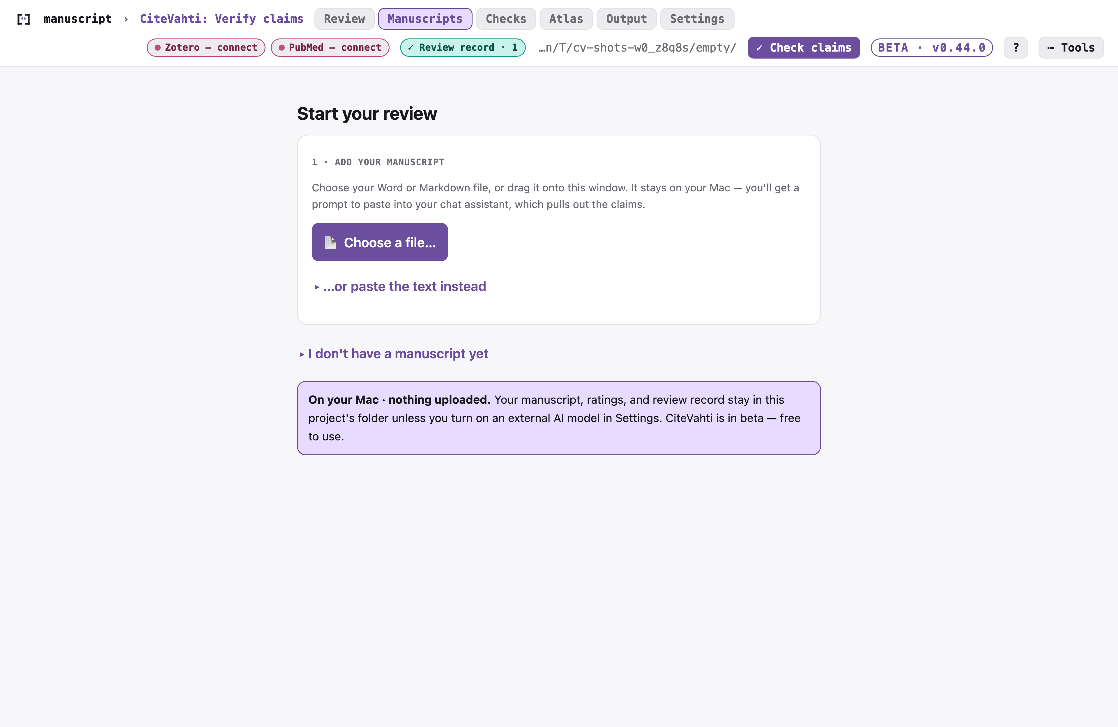 Start your review: choose a file, or paste the text instead.