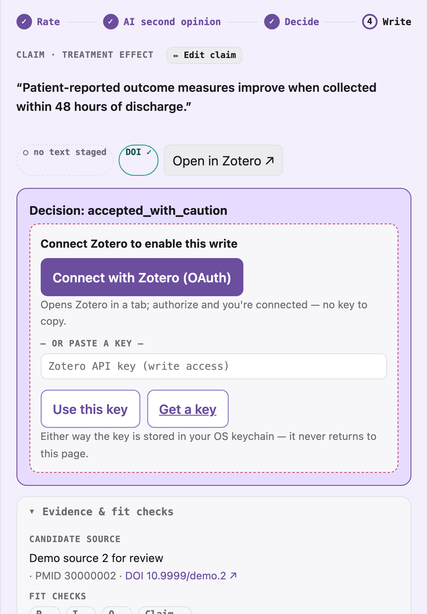 The review card showing the Rate → Reveal → Decide → Write steps.