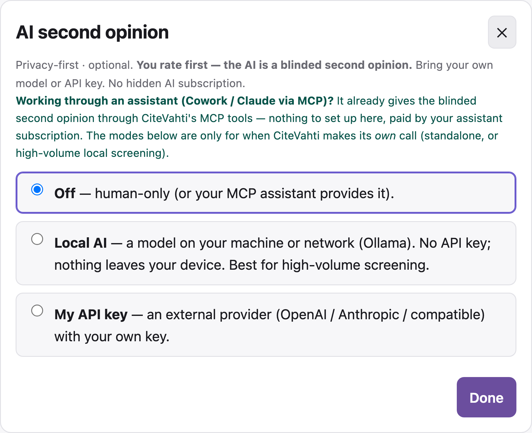 AI second opinion settings: Off, local AI, or your own API key.