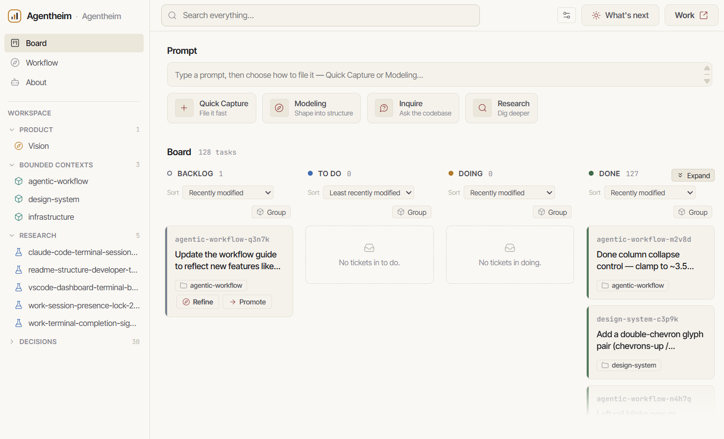 Agentheim dashboard showing the cross-context Kanban board across Backlog, To do, Doing, and Done columns