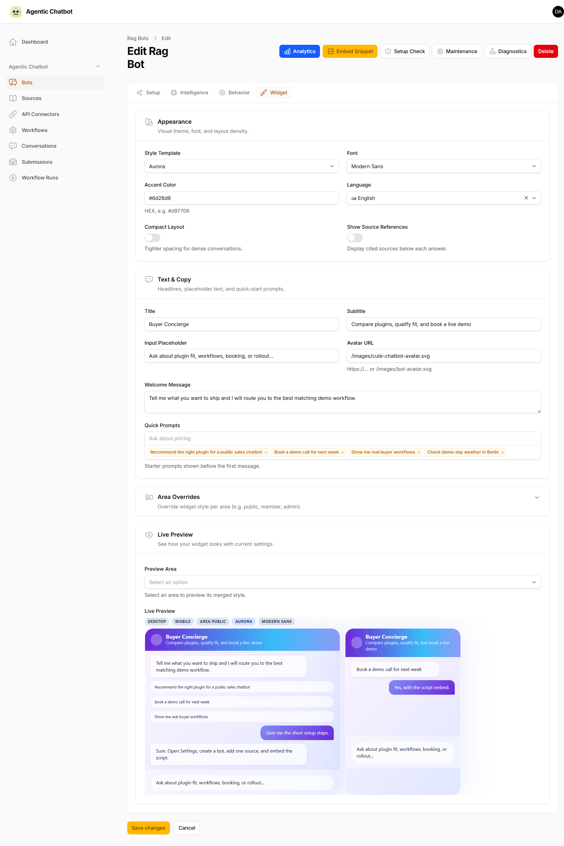 Bot widget customization