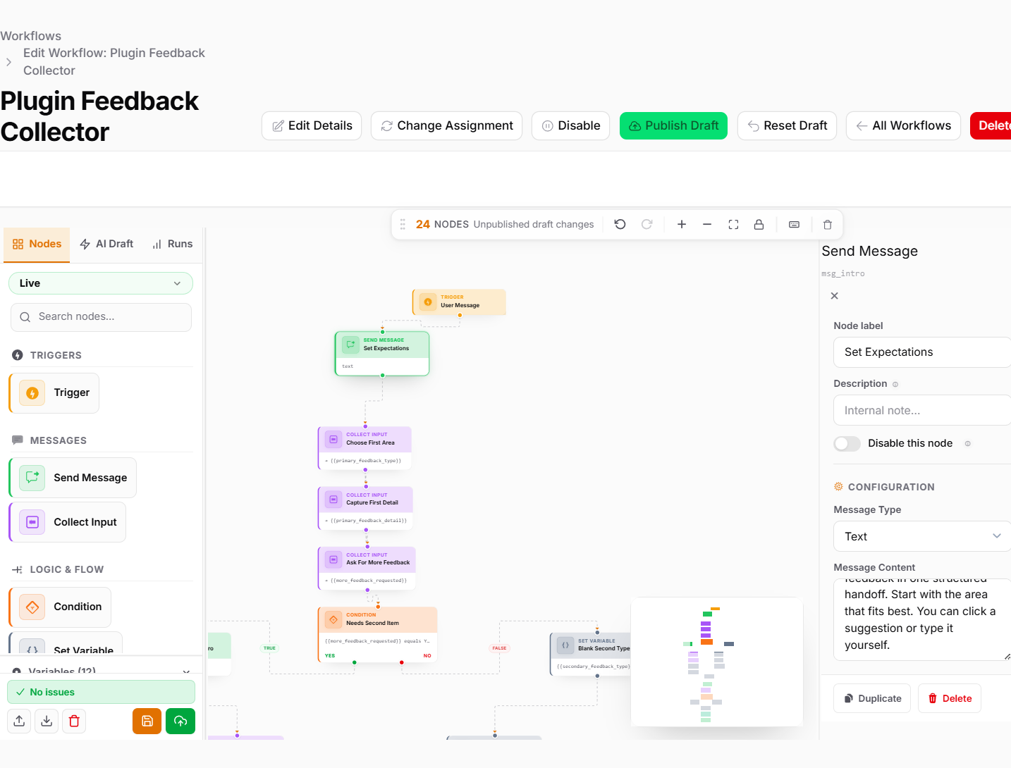 Workflow editor with node library and settings panel