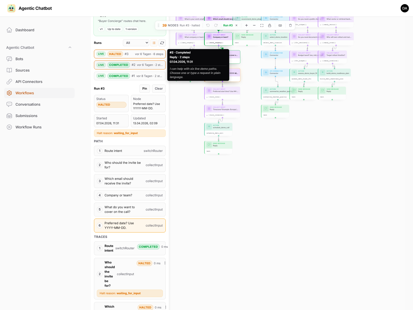 Workflow run trace — executed branch highlighted on canvas