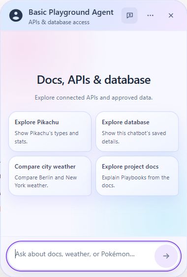 AI chatbot widget with a custom welcome screen and conversation starters for documentation, APIs and database questions