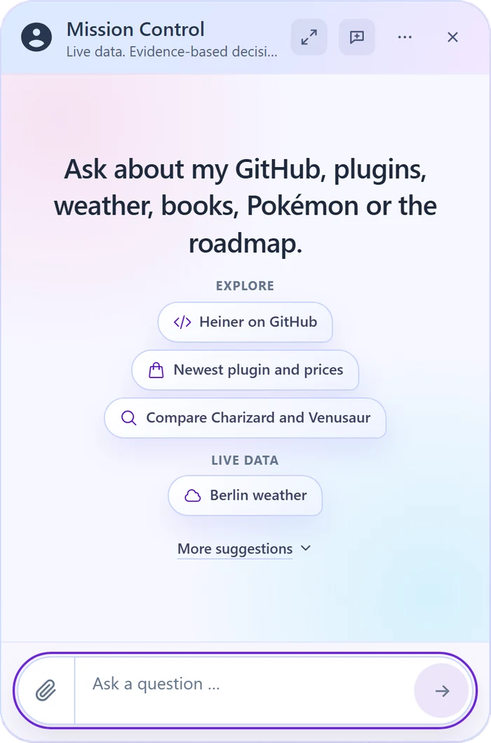 Chat widget welcome screen for a demo Agent named Mission Control, with a welcome heading, conversation starters grouped under Explore and Live data, a More suggestions toggle, and a message field with an attachment button