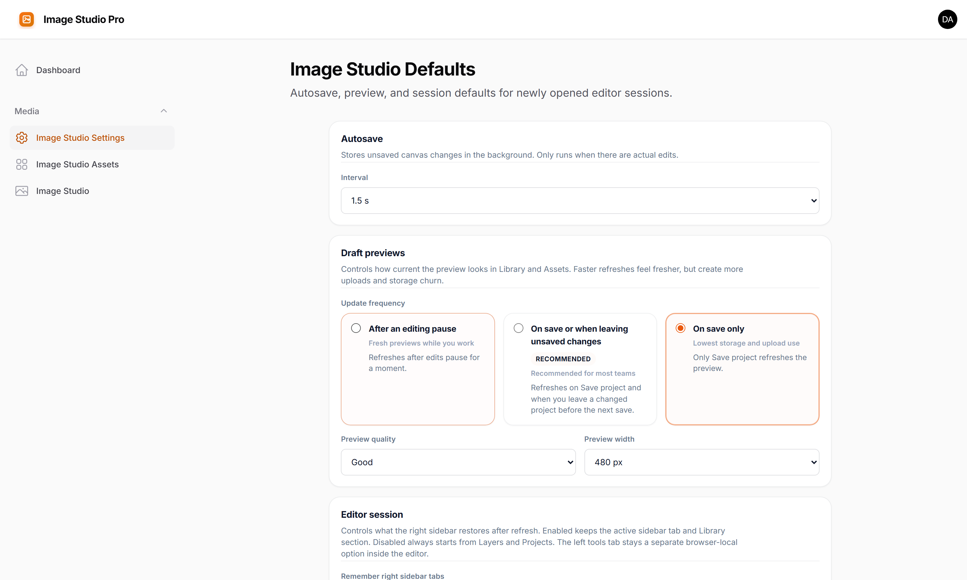Image Studio Pro settings