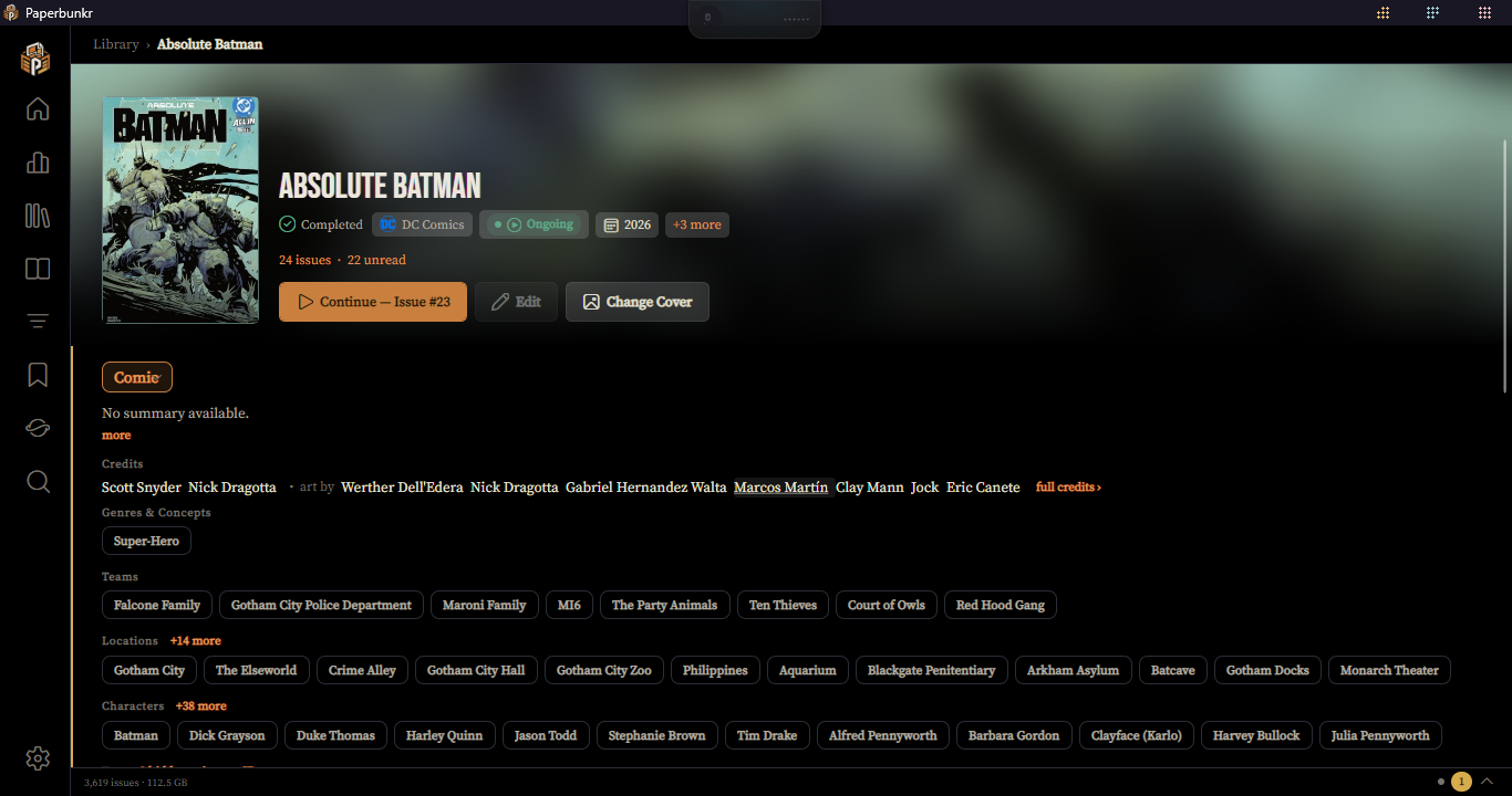 A series page with credits, teams, locations and characters