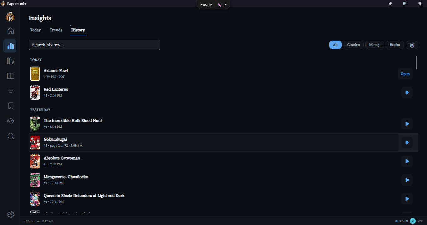 Insights, History tab