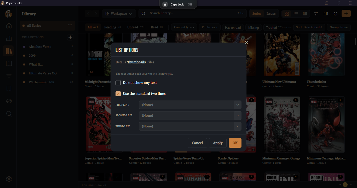 The List options dialog, Thumbnails tab