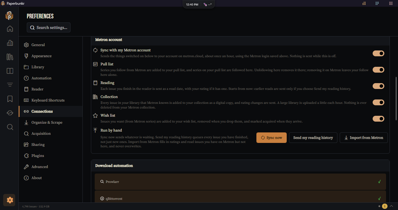 Preferences, Connections, the Metron account section