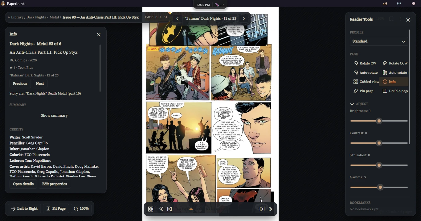 The comic reader with the Info panel and Reader Tools open