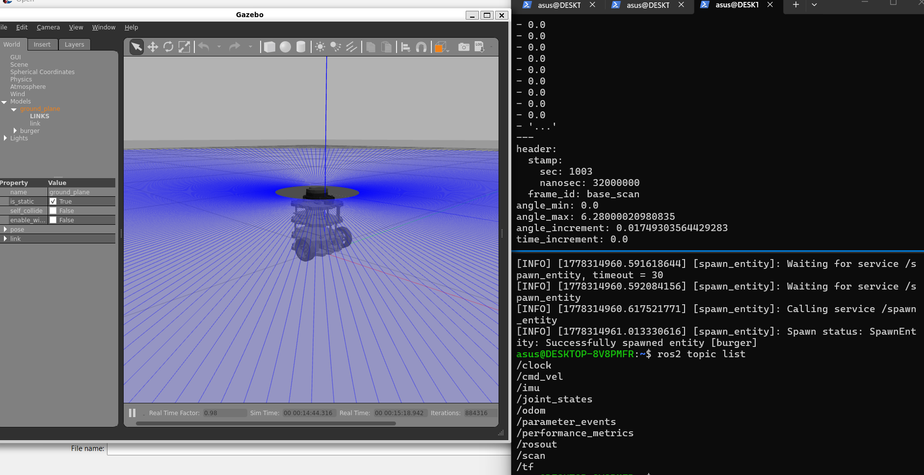 TurtleBot3 Burger spawned in Gazebo with all topics active