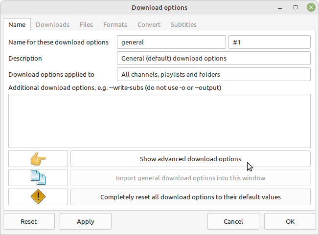 Showing advanced download options