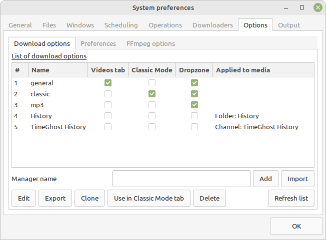 The list of download options