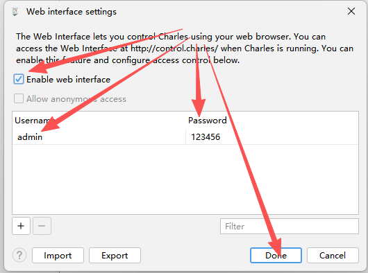 Charles Web Interface Settings