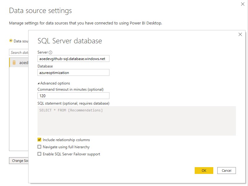 Click on Change source and update SQL Server URL