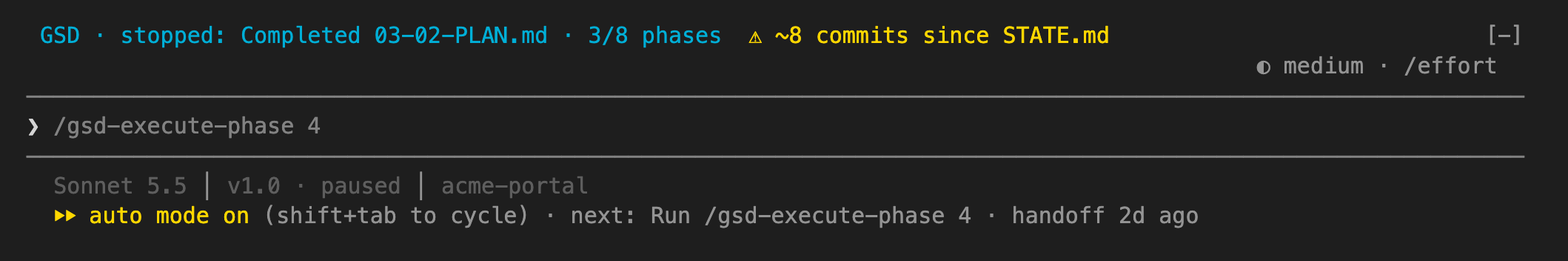 Handoff naming a command: GSD line with drift warning, /gsd-execute-phase 4 suggested in the prompt, next: hint on the last row