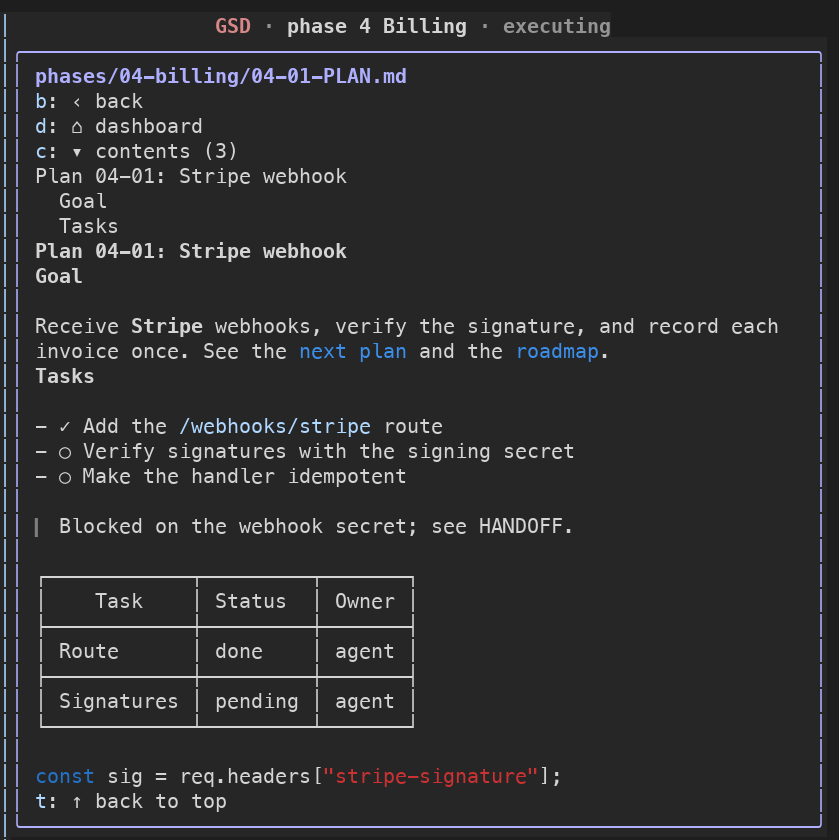 The markdown reader showing a phase plan: heading, links, task list, quote, table and code