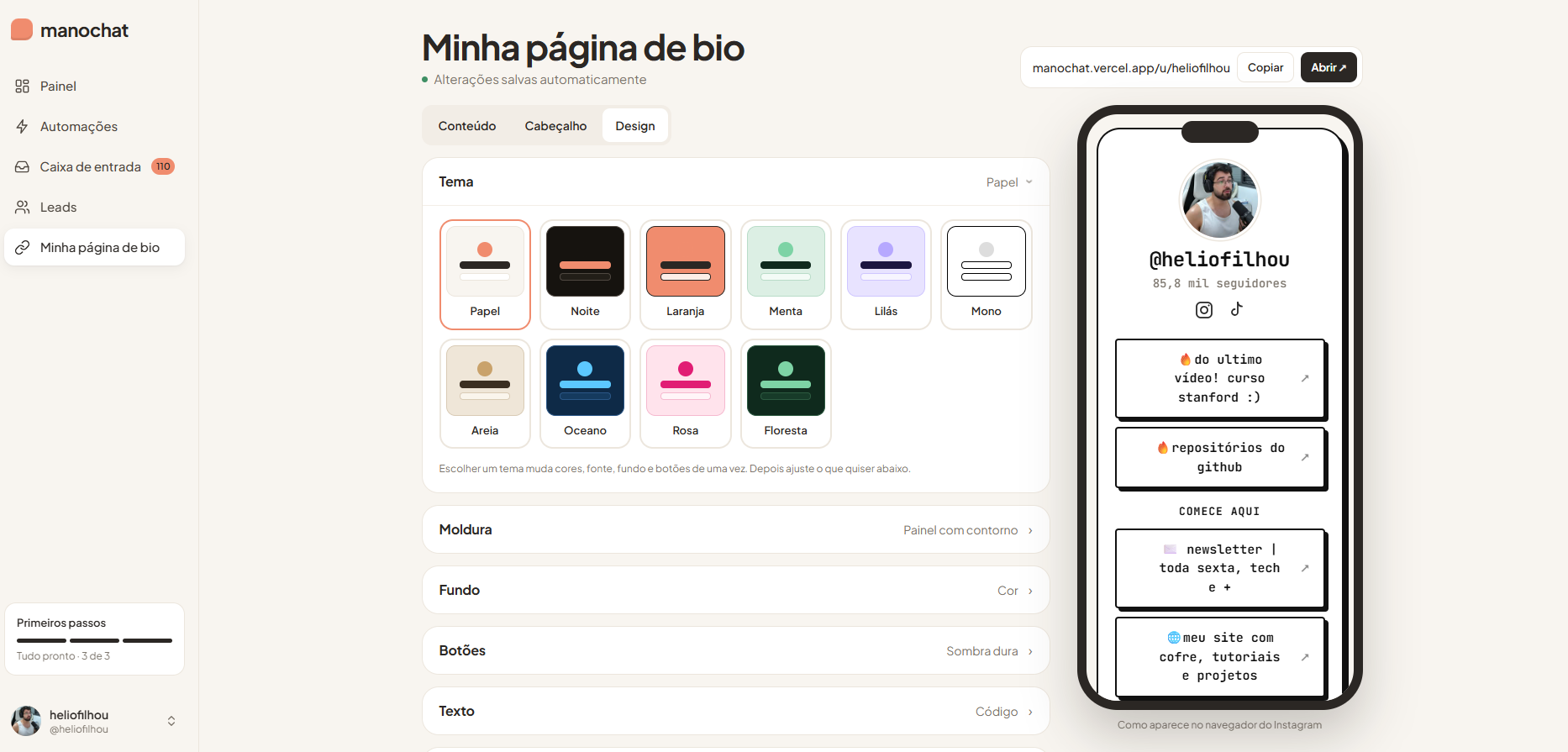 Editor da página de bio