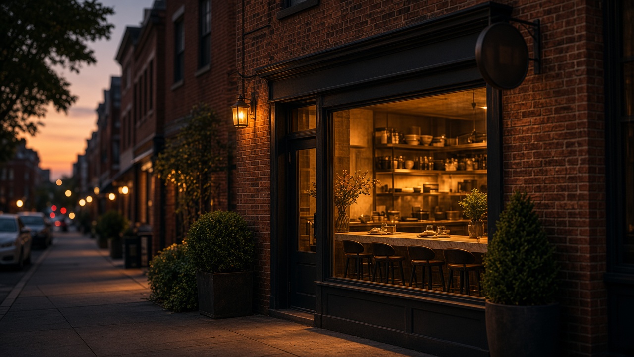 Half Past storefront on Federal Hill at night