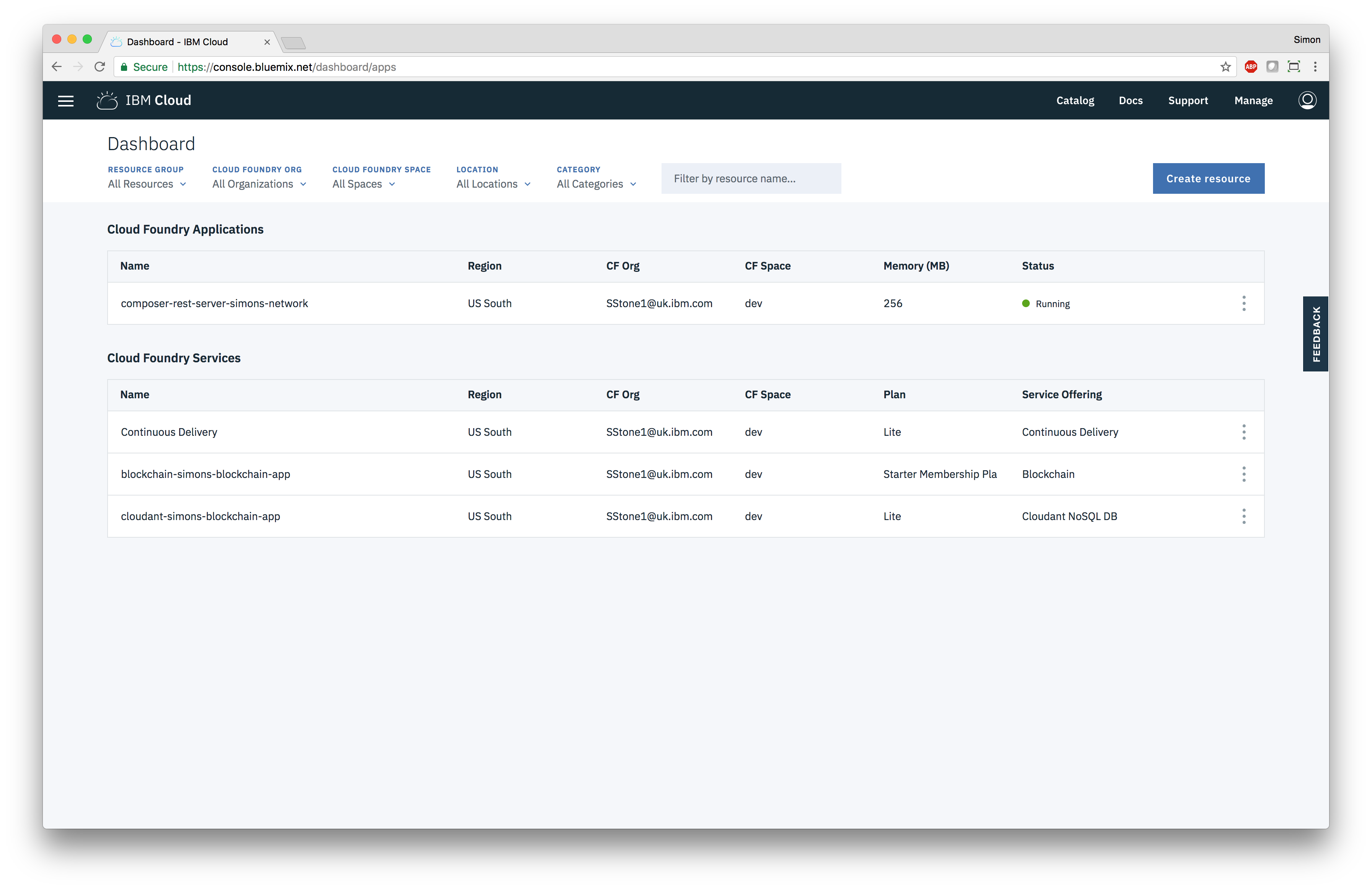 IBM Cloud Dashboard