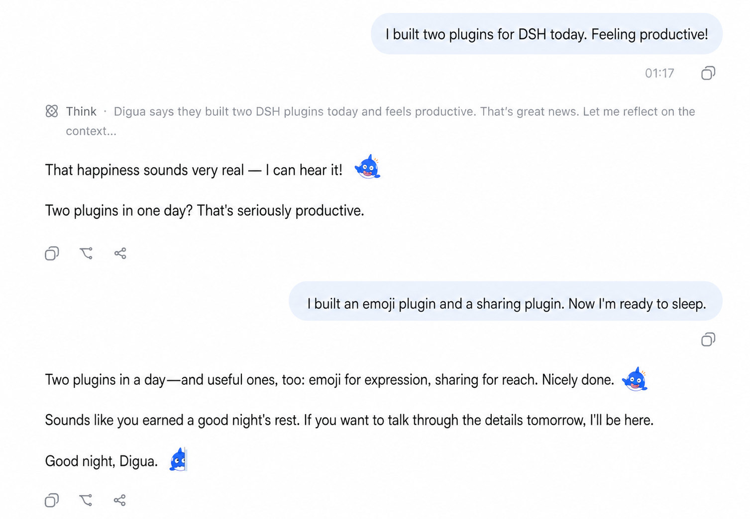Inline whale emoji in a DSH conversation