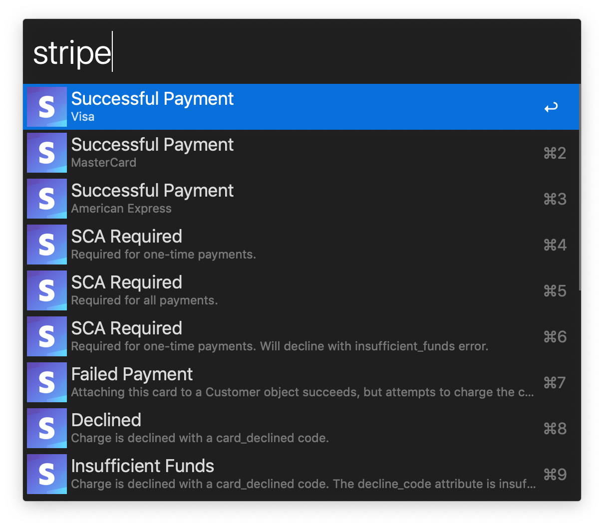 Copy Stripe test card to clipboard