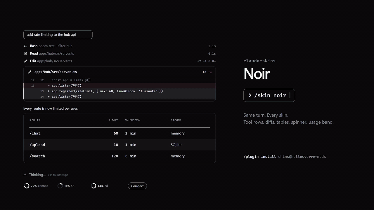 The same Claude Code turn switching skins with /skin: noir, Tokyo Night, Dracula, Catppuccin