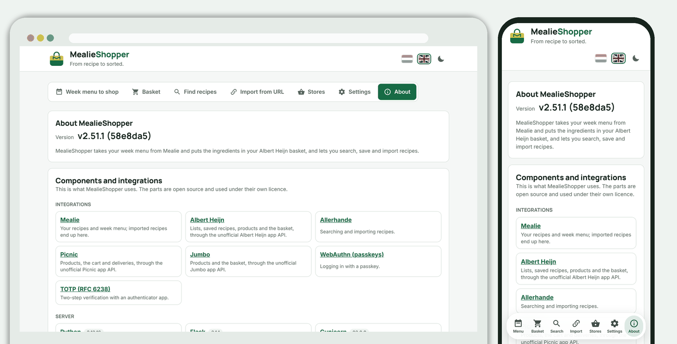 About: version, commit and the components used