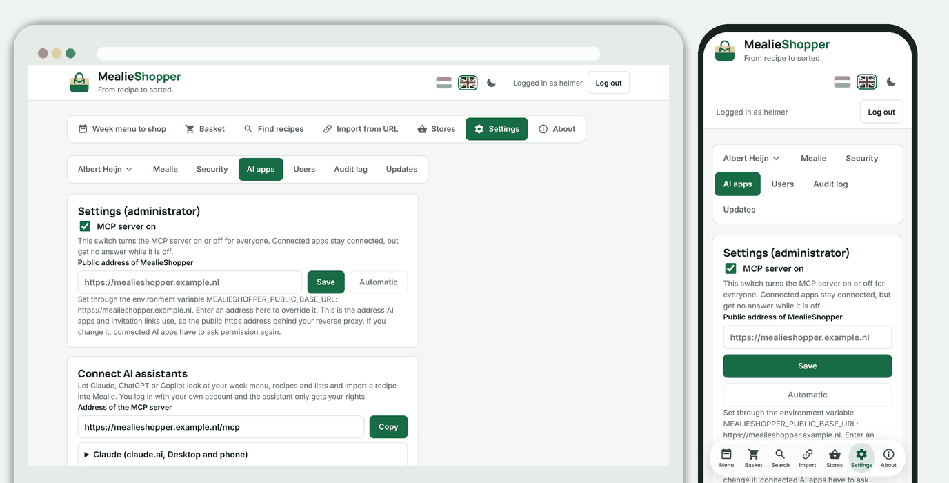 Profile, AI apps: the address of the MCP server and instructions per assistant