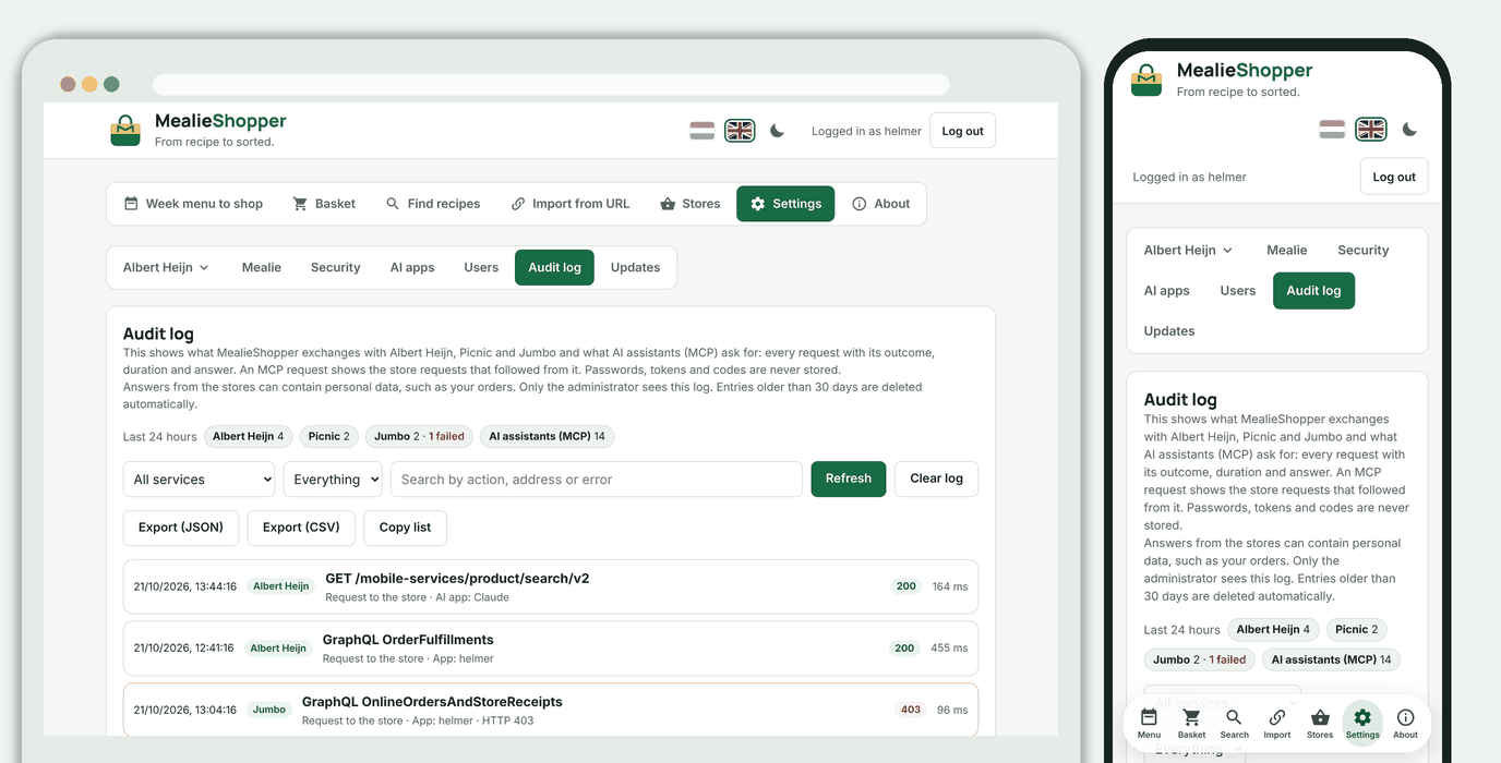 Settings, Audit log: summary per service, filters and the latest requests