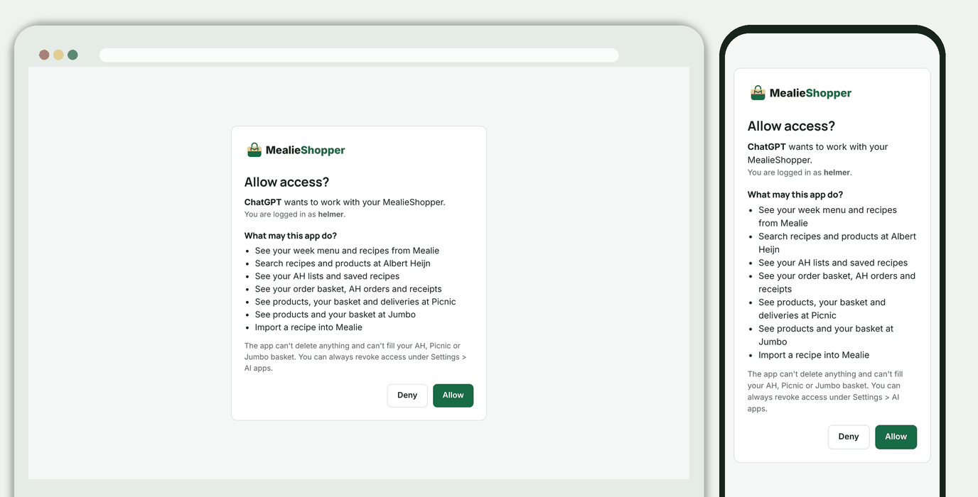 The consent screen: ChatGPT asks for access, with Deny and Allow