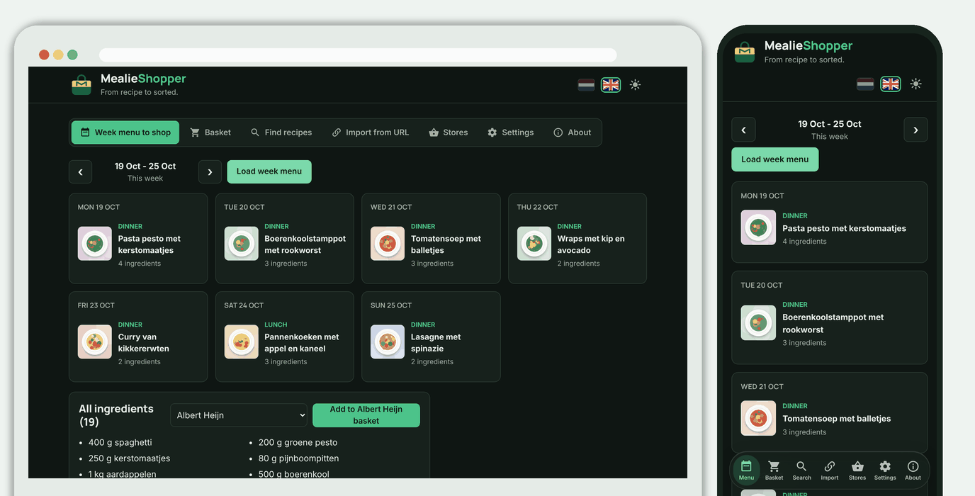 The week menu in the dark theme