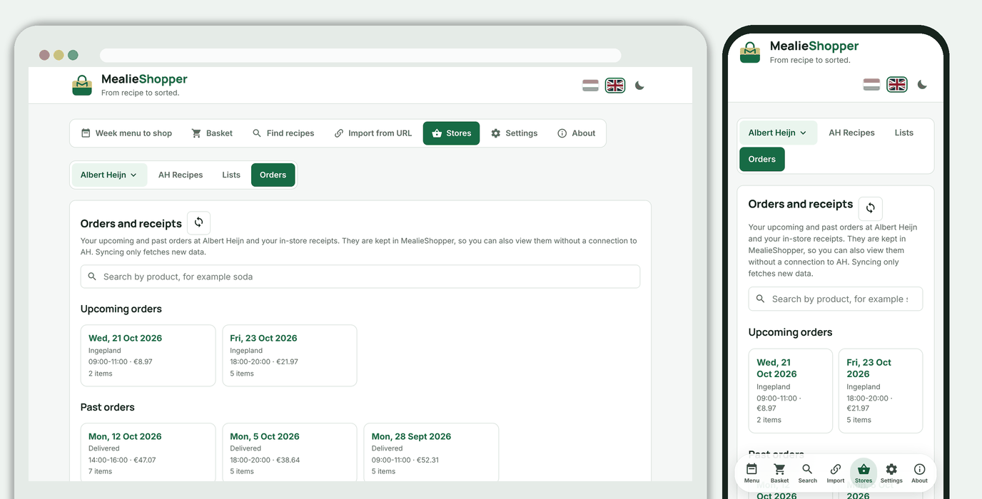 Upcoming and past orders, with the sync icon and a search field