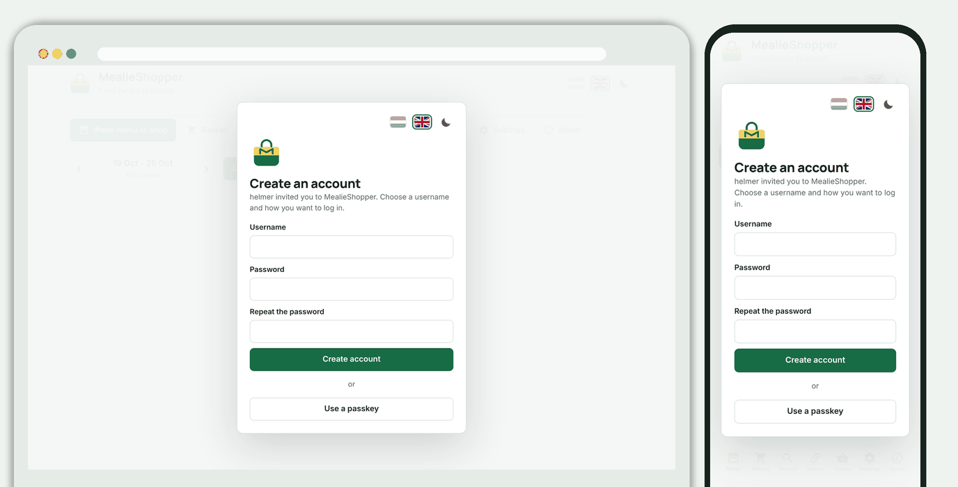 The page where an invited person creates an account, with a password or a passkey