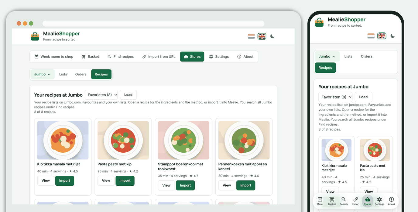 Recipe list at Jumbo with a list picker and cards
