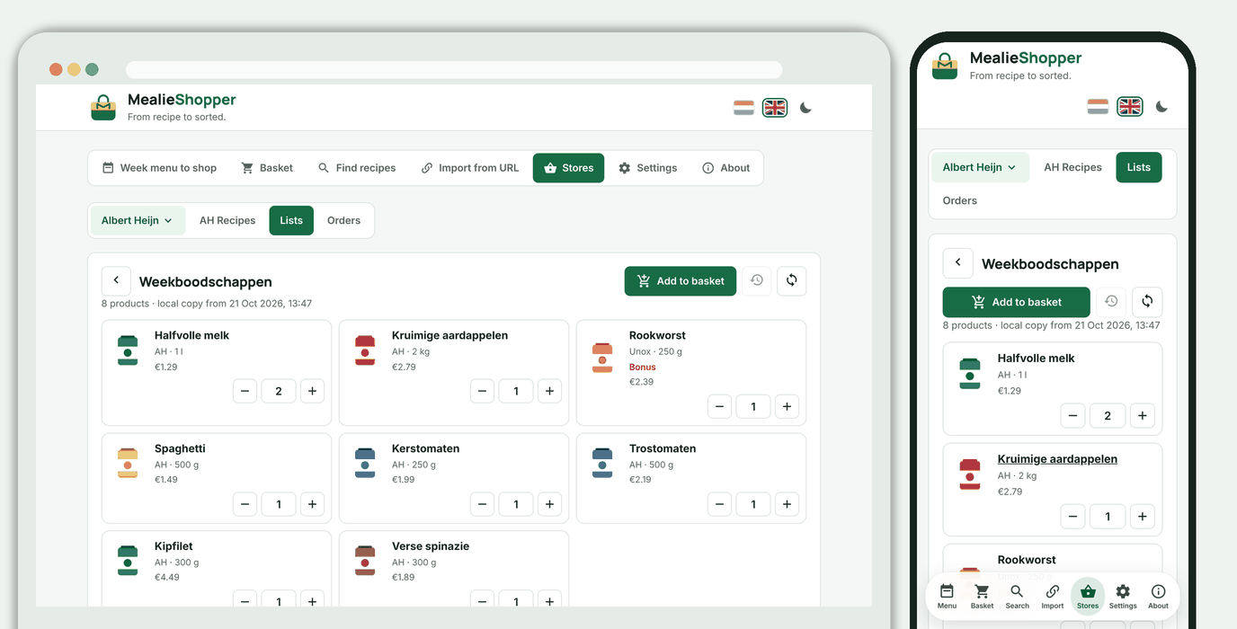 An opened list with adjustable quantities, the Add to basket button and the reset and sync icons