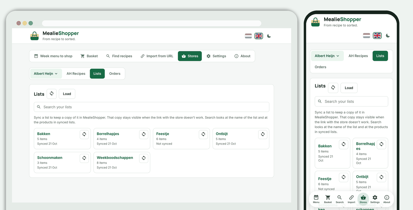 AH lists as cards, with a search bar and a sync button per list