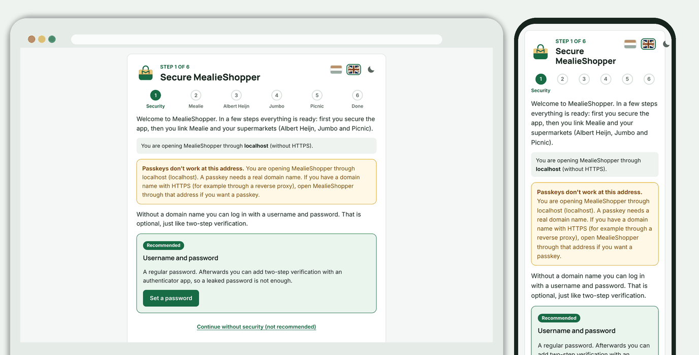 Setup guide, step 1: choosing security