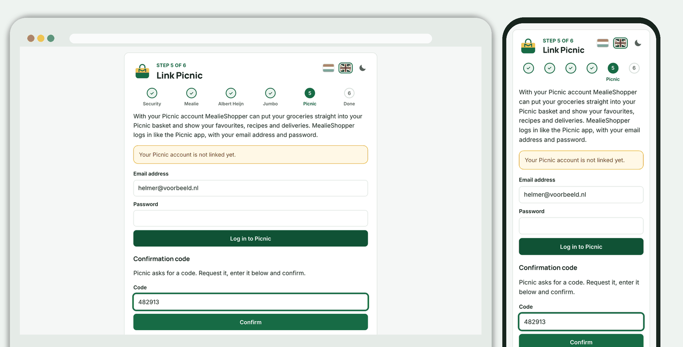 Setup guide, step 5: linking Picnic, with the field for the confirmation code