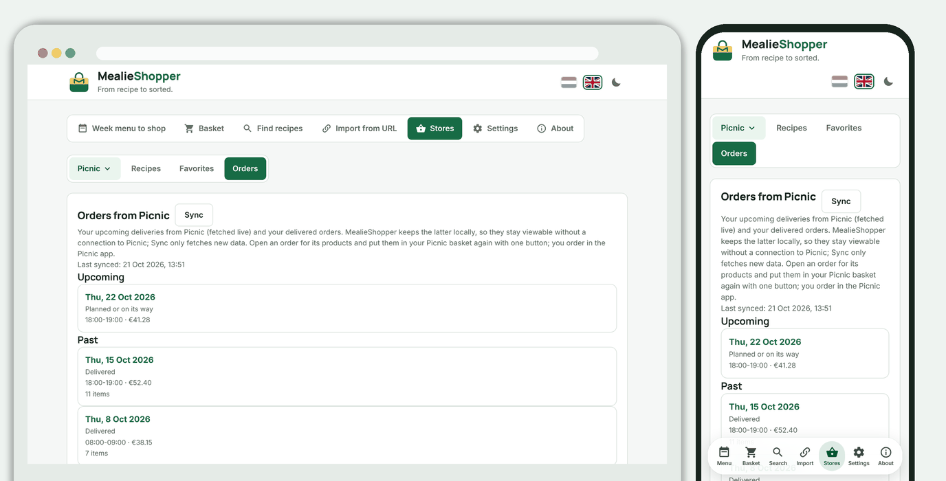 Picnic orders: upcoming and delivered, with the sync icon