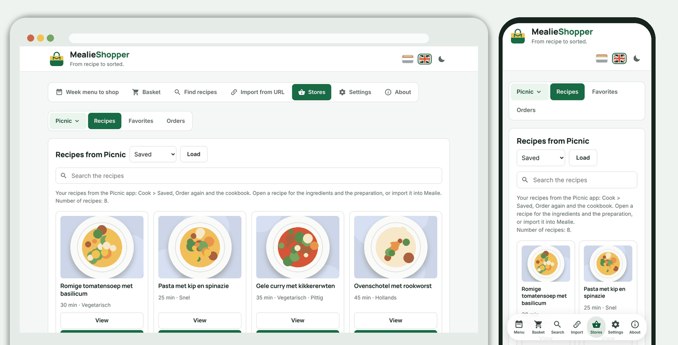 Picnic recipes as cards, with a choice between Saved, Order again and Cookbook