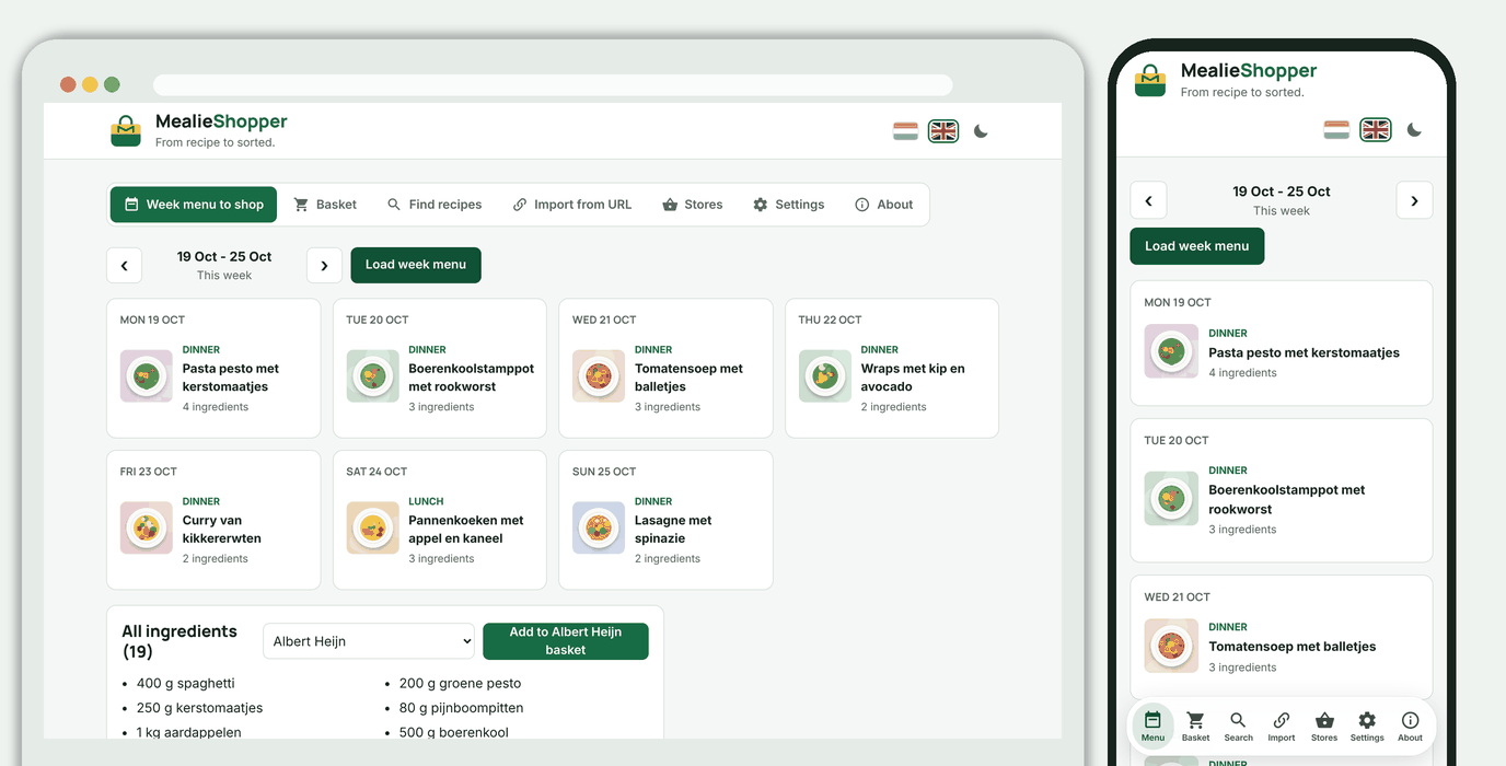 MealieShopper on a computer and a phone: the week menu with pictures from Mealie