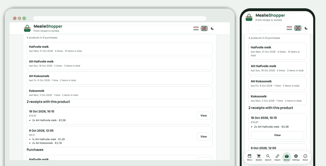 Searching by product: the receipts it is on, with the matching lines